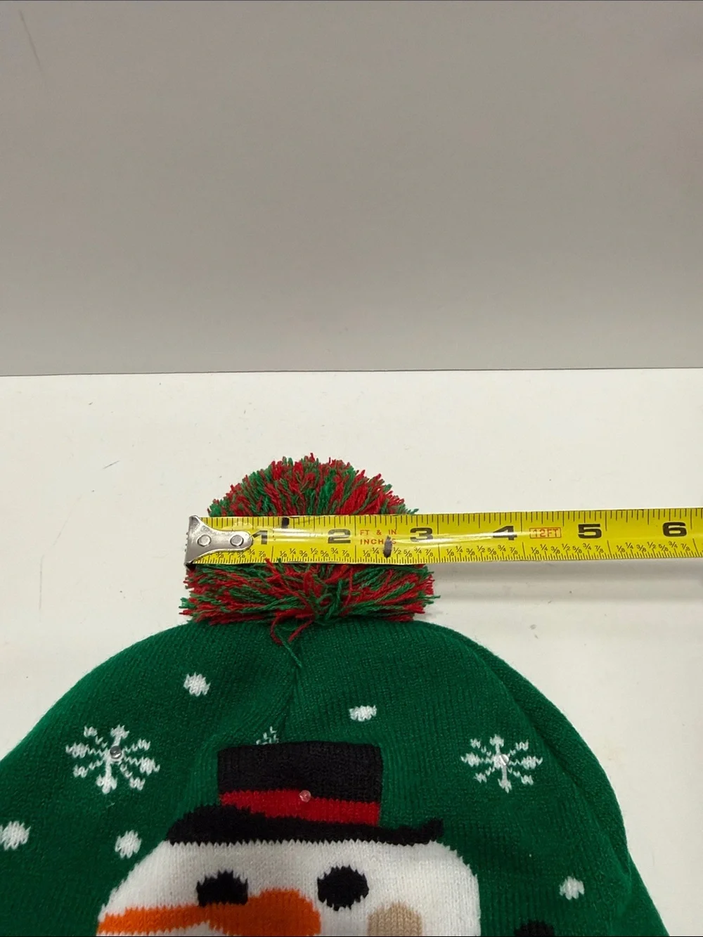 Green Holiday Light Up Snowman Pom-Pom Beanie Hat with 'HO HO' Cuff